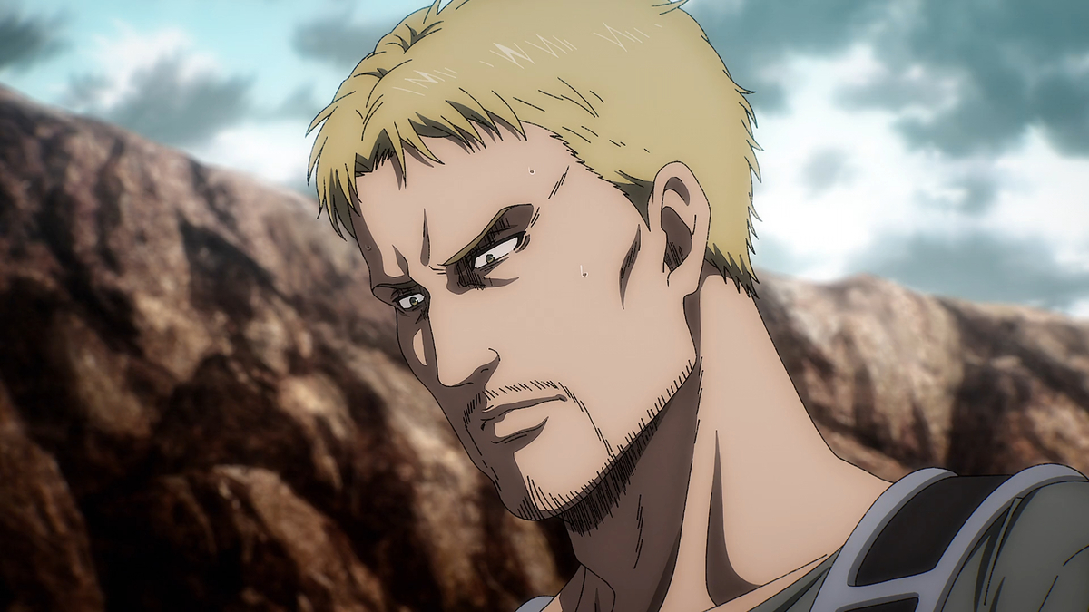 Reiner Braun looking down in 'Attack on Titan: The Final Season'.