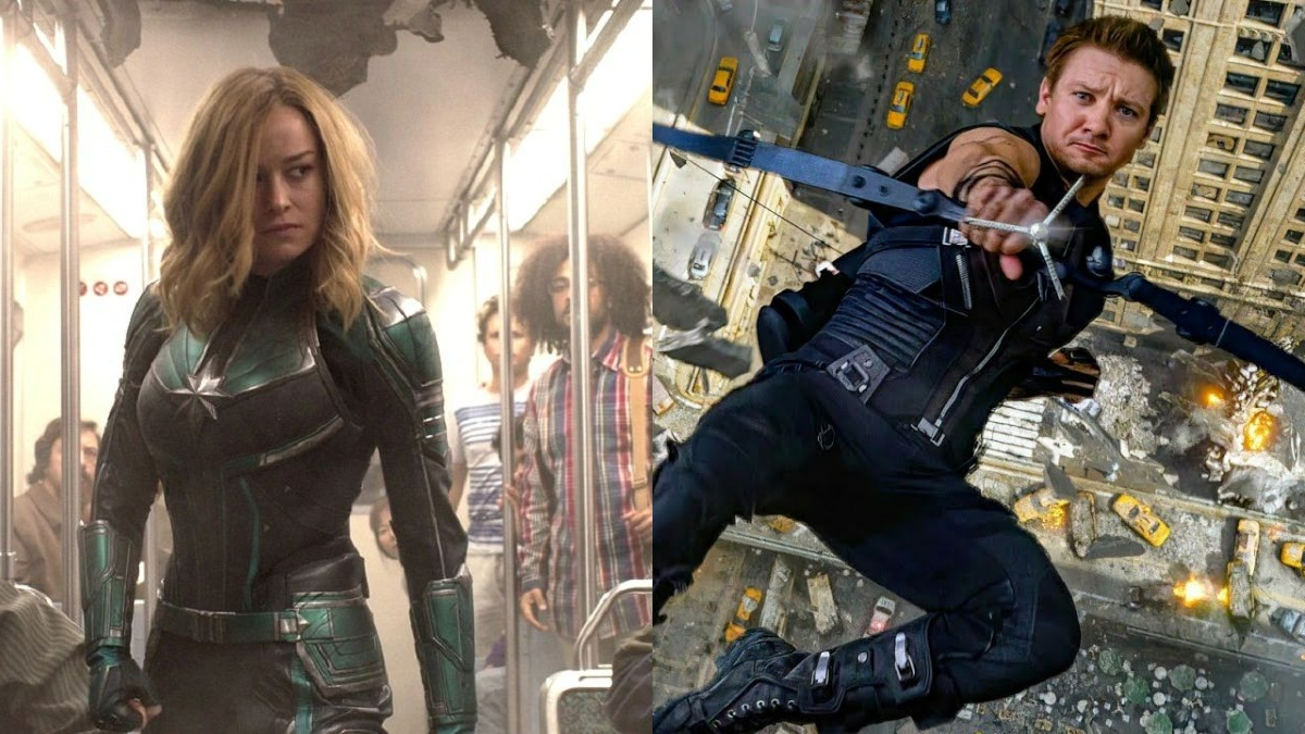 Brie Larson in 'Captain Marvel'/Jeremy Renner in 'The Avengers'