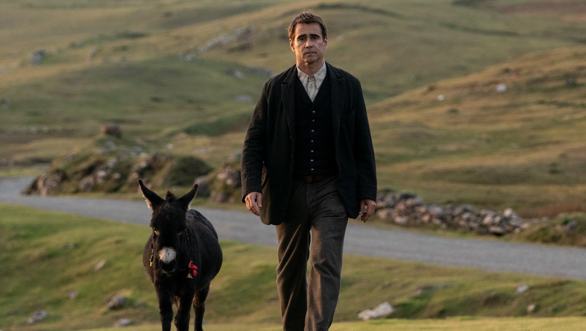 Colin Farrell and his donkey co-star in 'The Banshees of Inishirin."