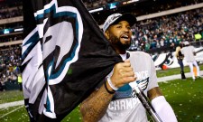 Darius Slay #2 of the Philadelphia Eagles waves a flag in celebration after the Philadelphia Eagles beat the San Francisco 49ers in the NFC Championship NFL football game at Lincoln Financial Field on January 29, 2023 in Philadelphia, Pennsylvania.