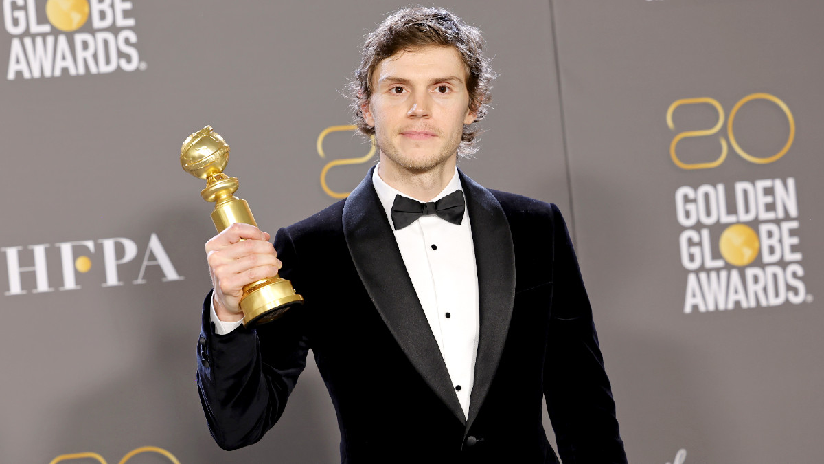 Evan Peters poses with the Best Actor in a Limited or Anthology Series or Television Film award for "Dahmer – Monster: The Jeffrey Dahmer Story" in the press room during the 80th Annual Golden Globe Awards at The Beverly Hilton on January 10, 2023 in Beverly Hills, California.