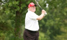 Former U.S. President Donald Trump plays his shot from the 14th tee during the pro-am prior to the LIV Golf Invitational - Bedminster at Trump National Golf Club Bedminster on July 28, 2022 in Bedminster, New Jersey.