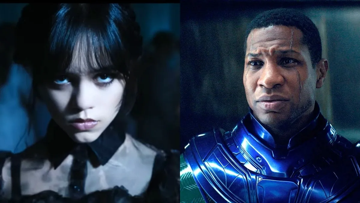 Jenna Ortega in 'Wednesday'/Jonathan Majors as Kang in 'Ant-Man and the Wasp: Quantumania'