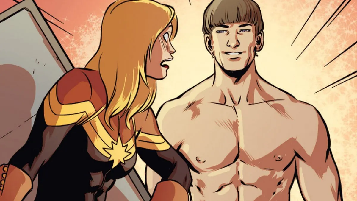 Uma cena dos quadrinhos ‘Capitã Marvel’ onde Carol fica cara a cara com o Príncipe Yan de Aladna seminu.