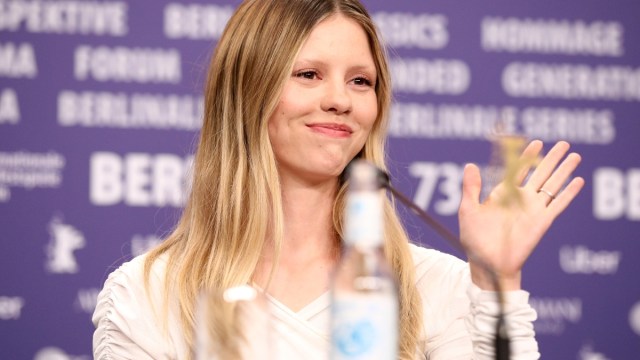 BERLIN, GERMANY - FEBRUARY 22: Mia Goth is seen on stage at the "Infinity Pool" press conference during the 73rd Berlinale International Film Festival Berlin at Grand Hyatt Hotel on February 22, 2023 in Berlin, Germany.