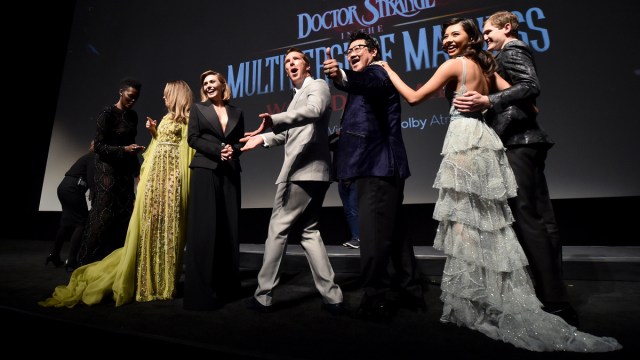 (L-R) Sheila Atim, Rachel McAdams, Elizabeth Olsen, Benedict Cumberbatch, Benedict Wong, Xochitl Gomez and Adam Hugill attend the Doctor Strange in the Multiverse of Madness World Premiere at Dolby Theatre in Hollywood, California