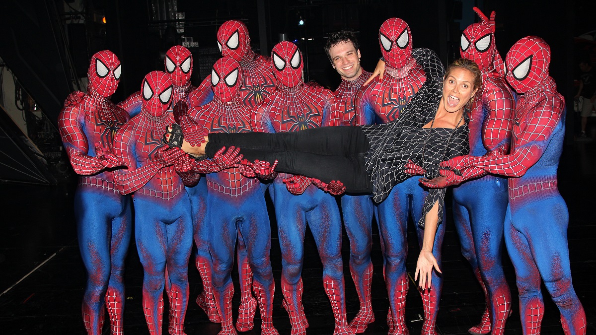 NEW YORK, NY - JULY 10: (EXCLUSIVE ACCESS) Heidi Klum poses with the cast backstage at the hit musical "Spider-Man: Turn Off The Dark" at The Foxwoods Theater on July 10, 2013 in New York City.