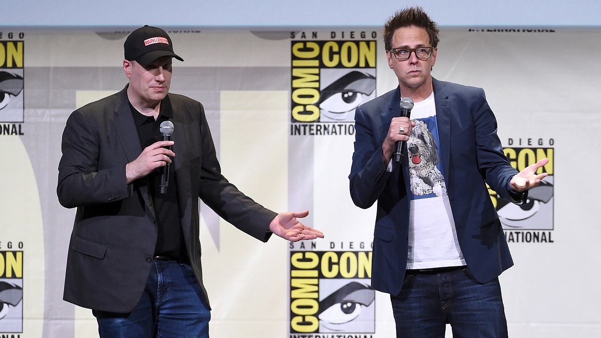 SAN DIEGO, CA - JULY 23: Marvel Studios President Kevin Feige (L) and director James Gunn attend the Marvel Studios presentation during Comic-Con International 2016 at San Diego Convention Center on July 23, 2016 in San Diego, California.