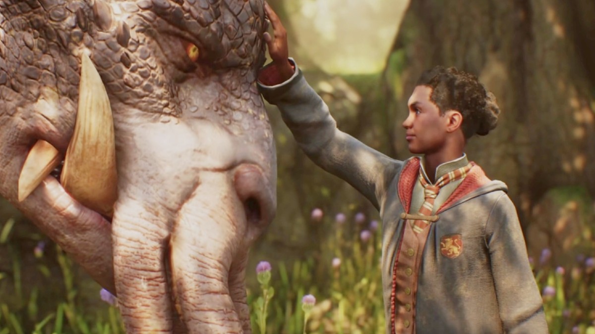 Hogwarts Legacy screenshot showing a student stroking a creature's head