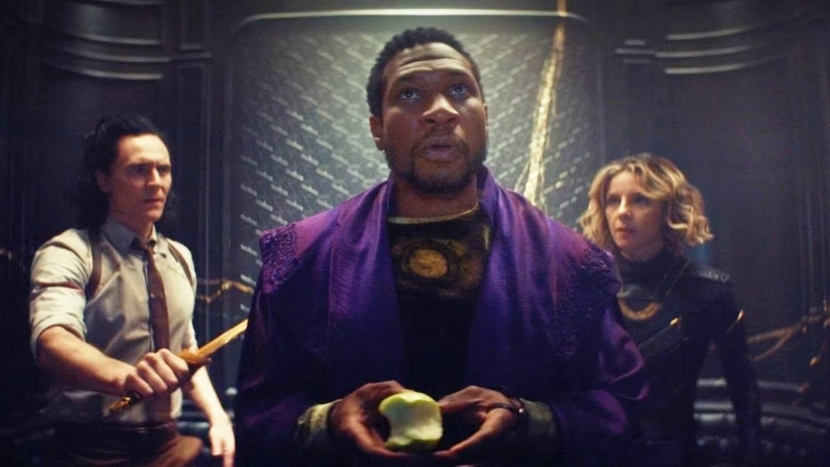 Tom Hiddleston as Loki, Jonathan Majors as He Who Remains and Sophia DiMartino as Sylvie