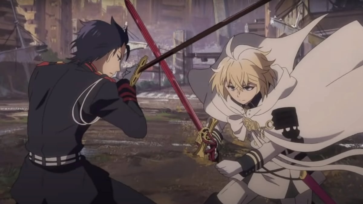 Mika crosses swords with Guren Ichinose. 