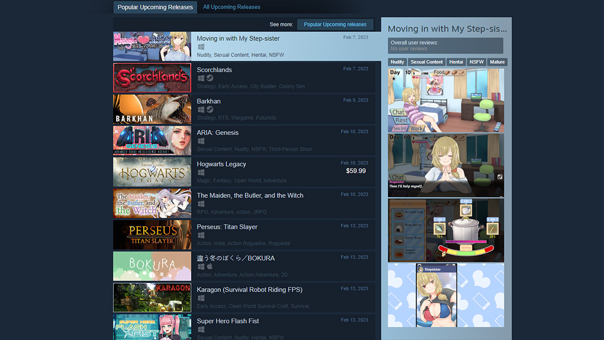 Steam's Upcoming popular releases page