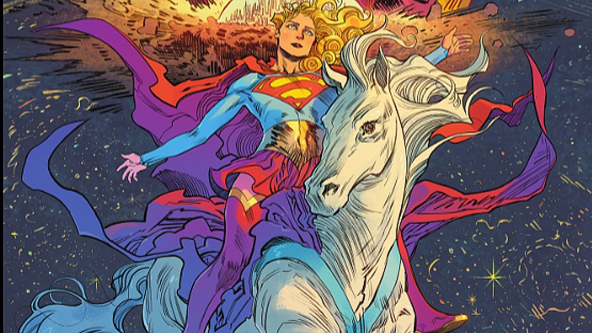 Supergirl cavalca il cavallo Comet nell'artwork di Supergirl: Woman of Tomorrow