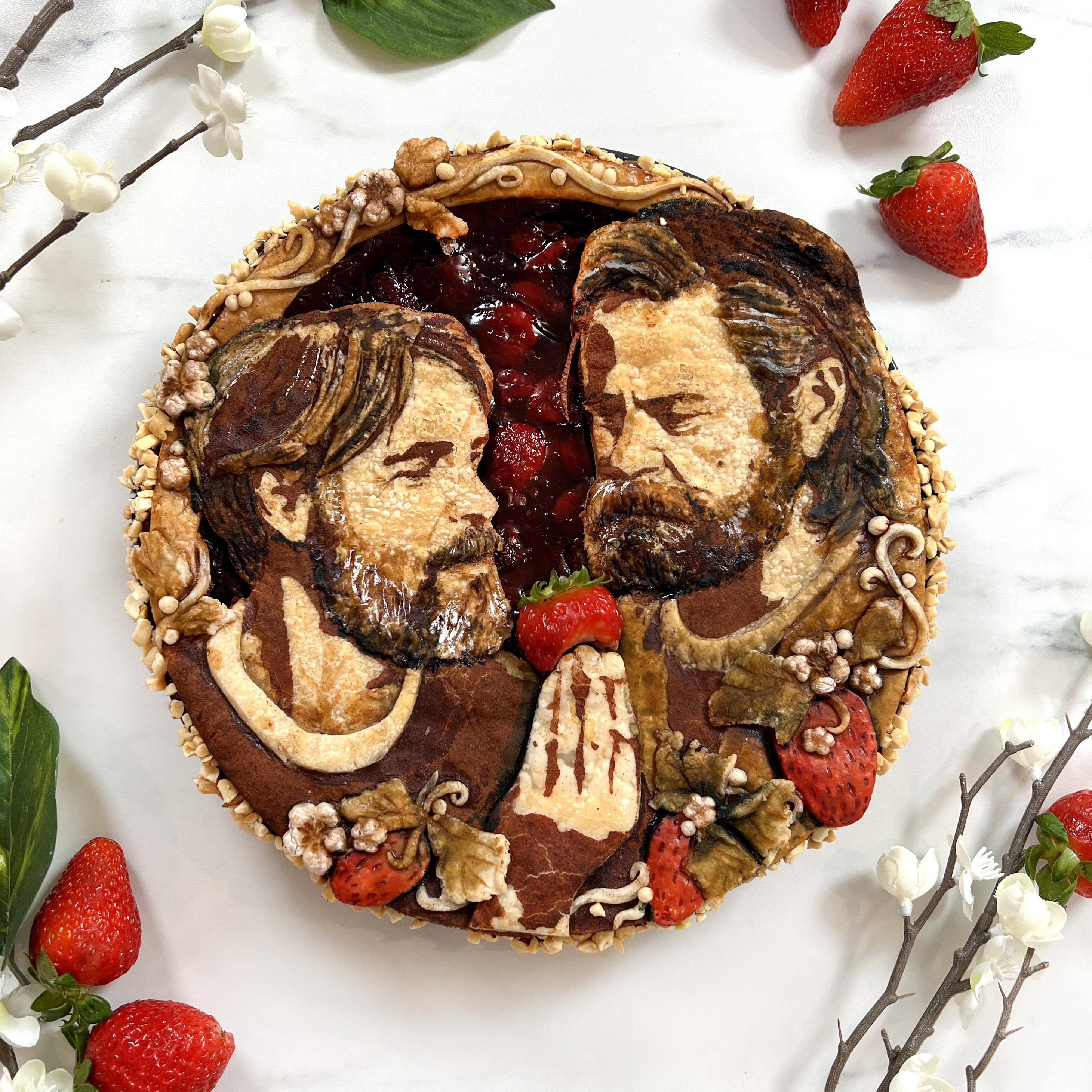 "The Last of Us" themed pie featuring the faces of Bill and Frank, strawberry filling, and short crust pie pastry