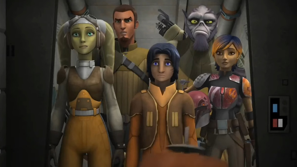 The crew of the Ghost Star Wars: Rebels are standing together and looking forward. 