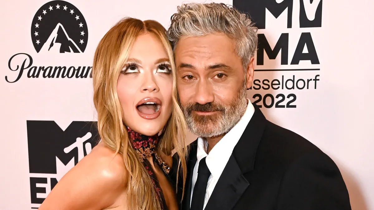 Rita Ora and Taika Waititi during the MTV Europe Music Awards 2022 held at PSD Bank Dome on November 13, 2022 in Duesseldorf, Germany.