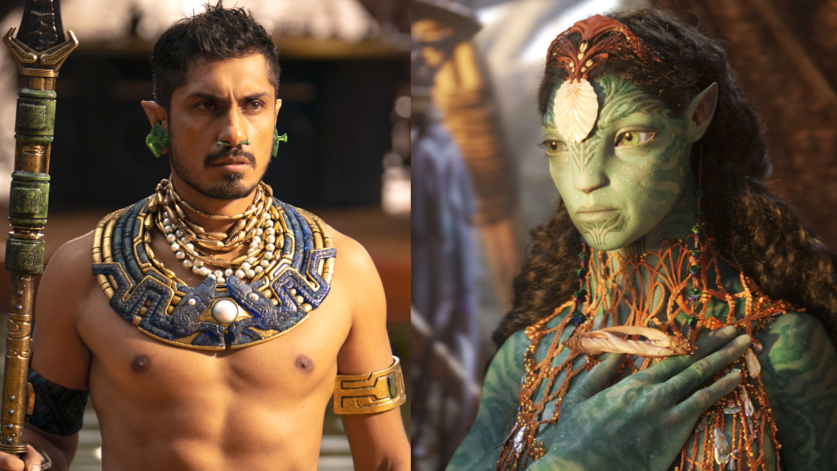 Split screen of Namor (Tenoch Huerta) and Ronal (Kate Winslet) from 'Black Panther Wakanda Forever' and 'Avatar The Way of Water'