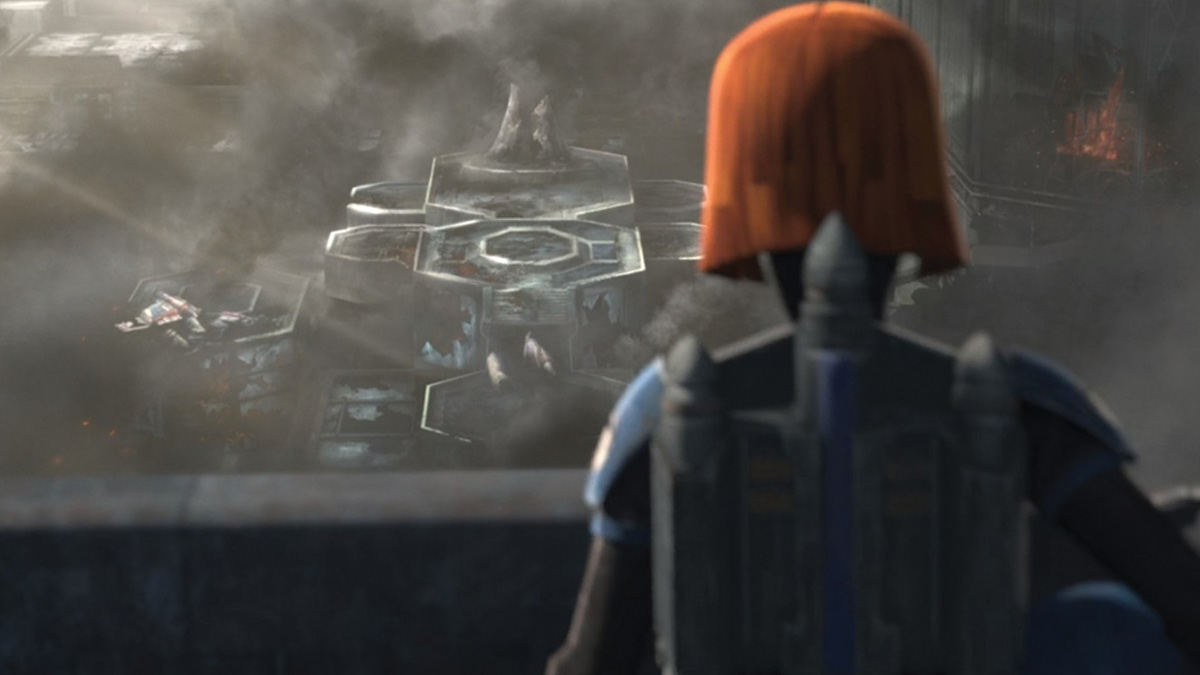 Bo-katan surveys a destroyed Mandalorian city Star Wars: Clone wars/ Disney Plus