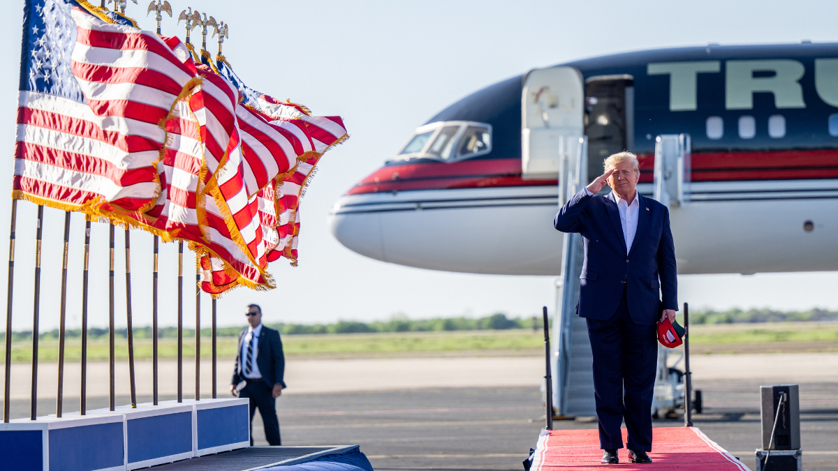 WACO, TEXAS - MARCH 25: Former U.S. President Donald Trump arrives during a rally at the Waco Regional Airport on March 25, 2023 in Waco, Texas. Former U.S. president Donald Trump attended and spoke at his first rally since announcing his 2024 presidential campaign. Today in Waco also marks the 30-year anniversary of the deadly standoff involving Branch Davidians and federal law enforcement.