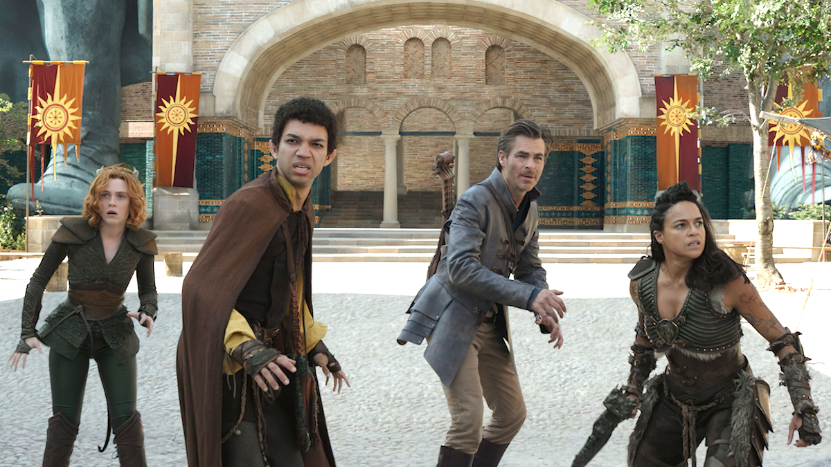 Sophia Lillis, Justice Smith, Chris Pine, and Michelle Rodriguez as Doric, Simon, Edgin, and Holga in 'Dungeons & Dragons: Honor Among Thieves'