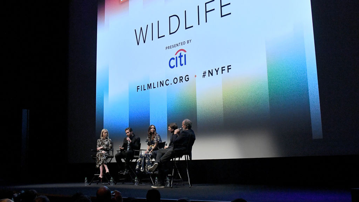 (L-R) Actors Carey Mulligan and Jake Gyllenhaal, screenwriter Zoe Kazan, director Paul Dano take part in a Q&A moderated by NYFF Director Kent Jones the following "Wildlife" premiere during the 56th New York Film Festival at Alice Tully Hall, Lincoln Center on September 30, 2018 in New York City