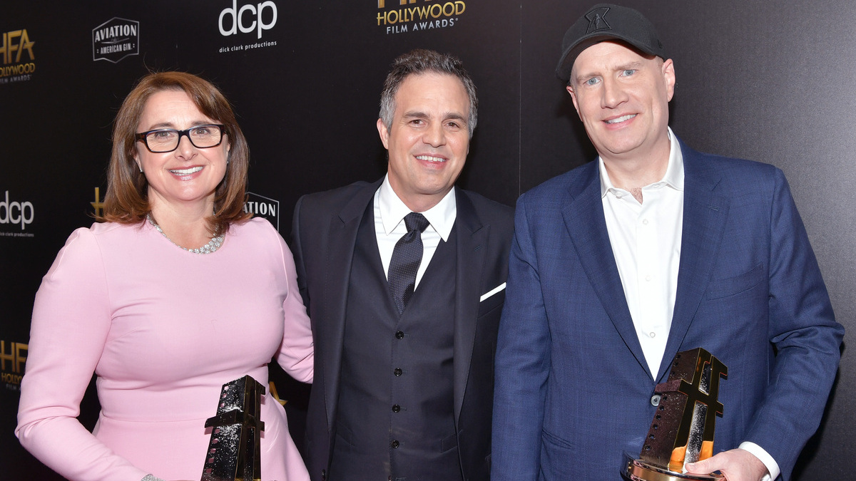 Victoria Alonso (L), winner of the Hollywood Blockbuster Award, Mark Ruffalo and Kevin Feige (R), winner of the Hollywood Blockbuster Award pose in the press room during the 23rd Annual Hollywood Film Awards at The Beverly Hilton Hotel on November 03, 2019
