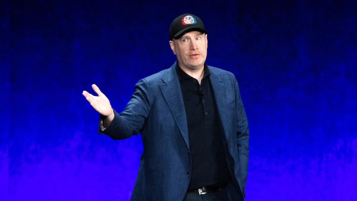 Kevin Feige, presidente da Marvel Studios fala no palco durante a apresentação especial do Walt Disney Studios durante o CinemaCon 2022 no Caesars Palace