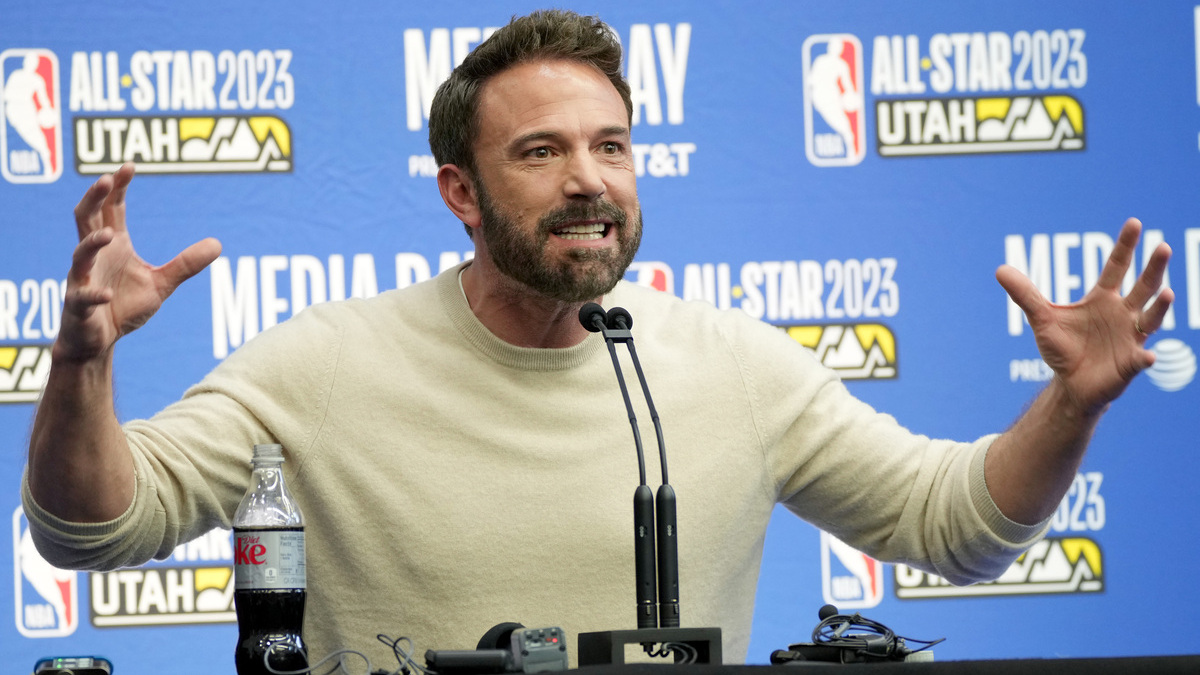 Ben Affleck speaks at the Ruffles Celebrity Game during the 2023 NBA All-Star Weekend at Vivint Arena on February 17, 2023