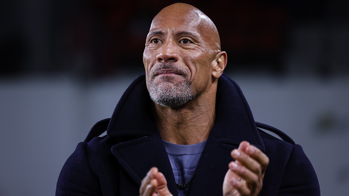 WASHINGTON, DC - FEBRUARY 19: XFL owner Dwayne Johnson reacts on the sideline during the first half of the XFL game between the DC Defenders and the Seattle Sea Dragons at Audi Field on February 19, 2023 in Washington, DC.