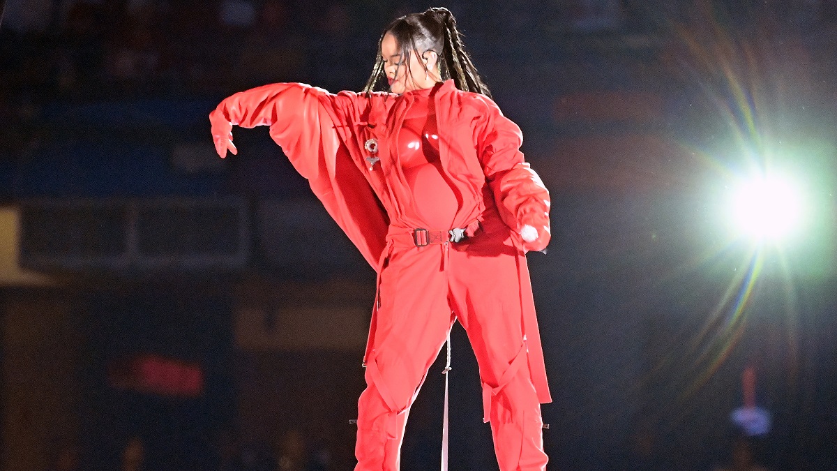 GLENDALE, AZ - FEBRUARY 12: Rihanna performs during the Apple Music Super Bowl LVII Halftime Show at State Farm Stadium on February 12, 2023 in Glendale, Arizona.