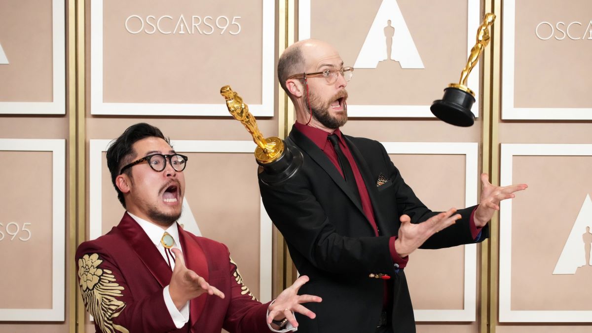  Dan Kwan and Daniel Scheinert, winners of the Best Director and Best Picture award for "Everything Everywhere All at Once", pose in the press room at the 95th Annual Academy Awards at Ovation Hollywood on March 12, 2023 in Hollywood, California. (Photo by Jeff Kravitz/FilmMagic)
