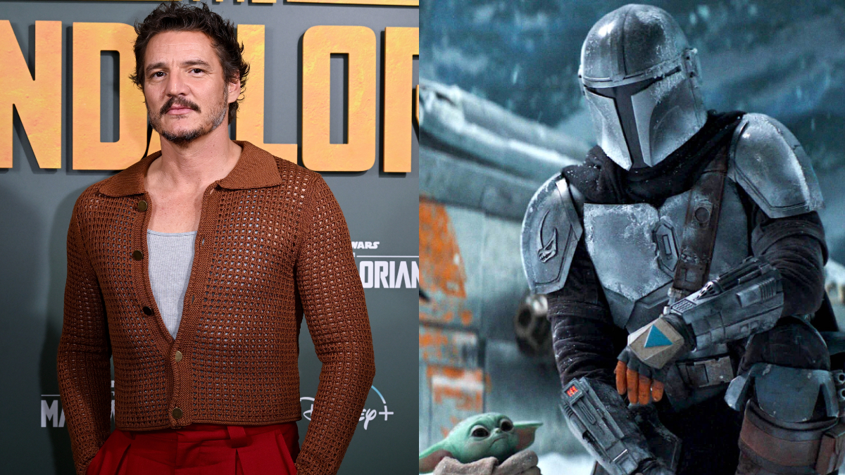 Split screen of Pedro Pascal on the red carpet and Pedro Pascal in the Mandalorian suit in Disney Plus' The Mandalorian