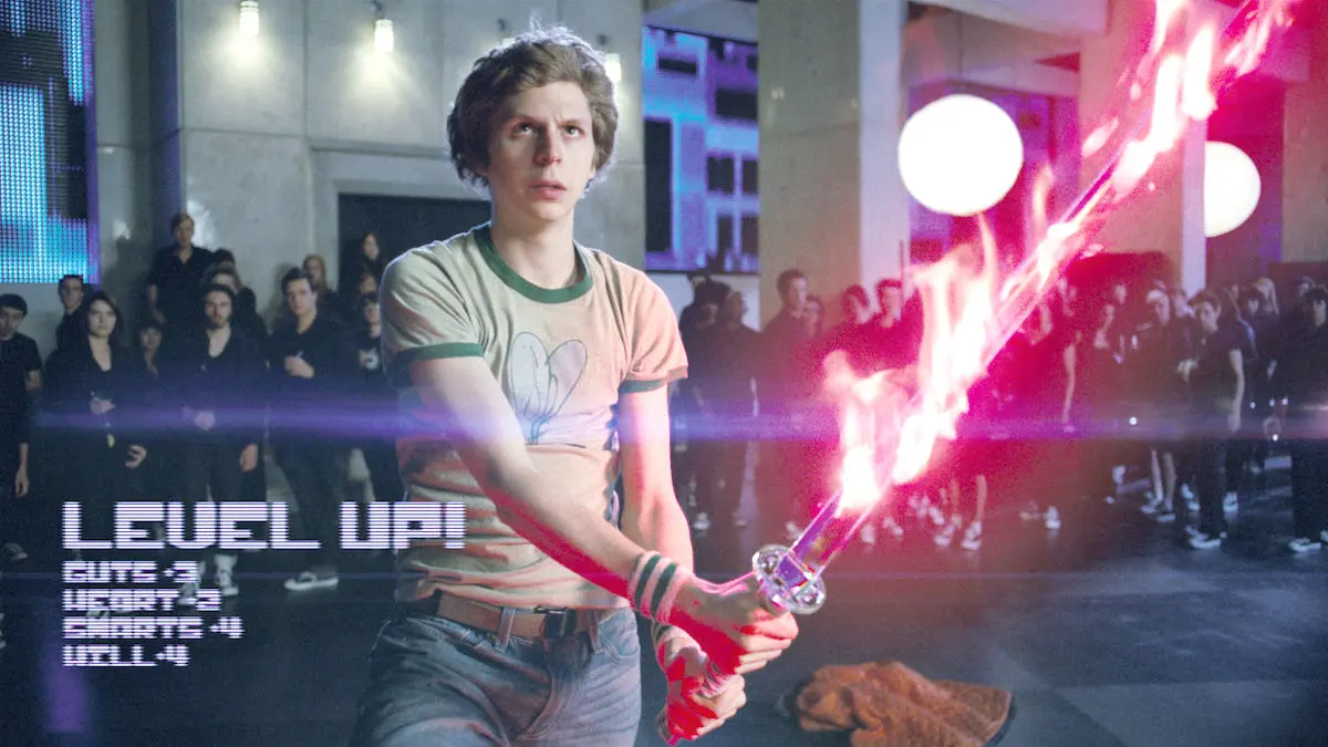 Scott Pilgrim (MICHAEL CERA) faces off with one of Ramona's evil exes in the amazing story of one romantic slacker's quest to power up with love: the action-comedy "Scott Pilgrim vs. the World".
