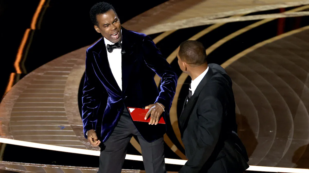 The moment when Will Smith slapped Chris Rock on stage at the 2022 Oscars