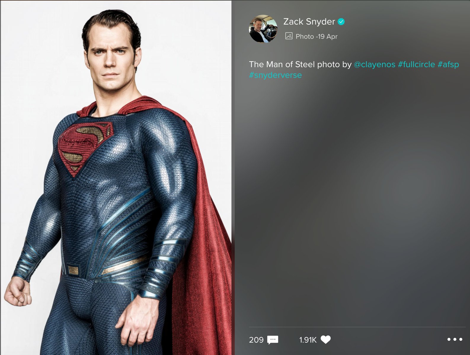 Zack Snyder post of Henry Cavill's Superman