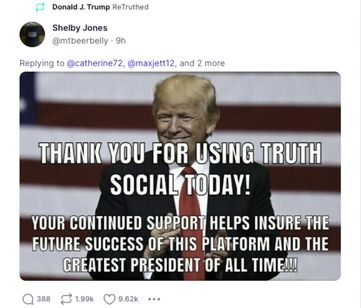 Captura de tela de uma postagem da conta Truth Social de Donald Trump