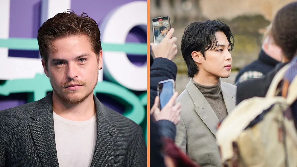 ctor Dylan Sprouse attends the "Maravilloso Desastre" (Beautiful Disaster) premiere at the Callao cinema on March 29, 2023 in Madrid, Spain/ Jimin of BTS is seen outside Dior, during the Paris Fashion Week -