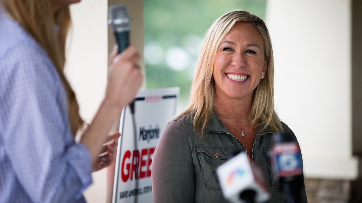 DALLAS, GA - OCTOBER 15: Sen. Kelly Loeffler (R-GA) speaks after being endorsed by Georgia Republican House candidate Marjorie Taylor Greene (R) during a joint press conference on October 15, 2020 in Dallas, Georgia. Greene has been the subject of some controversy recently due to her support for the right-wing conspiracy group QAnon.