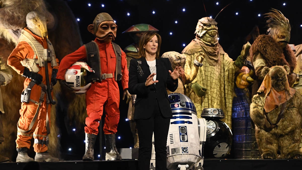 LONDON, ENGLAND - APRIL 07: Kathleen Kennedy onstage during the studio panel at Star Wars Celebration 2023 attends the studio panel at Star Wars Celebration 2023 in London at ExCel on April 07, 2023 in London, England.