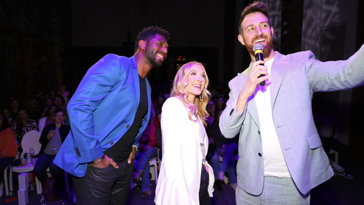 (L-R) Brett Brown, Chelsea Griffin and Cameron Hamilton pose onstage during a Q&A as Love Is Blind Cast celebrates Netflix's first Live Reunion with the Iconic Pods and a screening party at Ole Red in Nashville on April 07, 2023 in Nashville, Tennessee