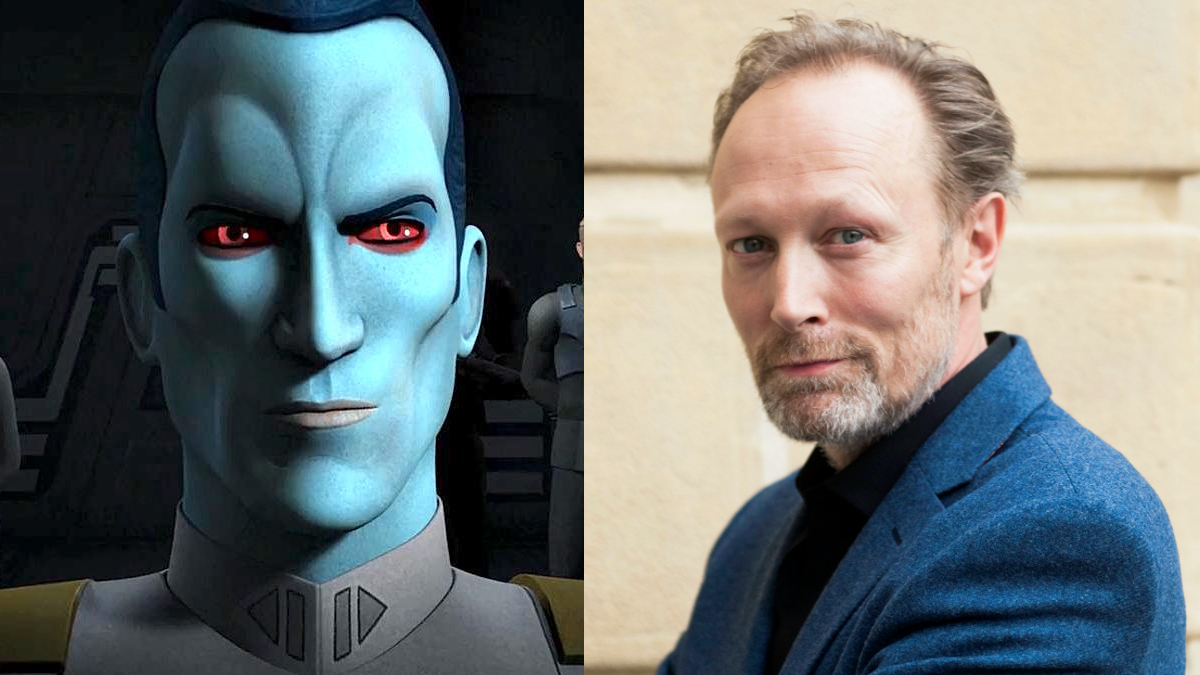 Split screen of Grand Admiral Thrawn from 'Star Wars Rebels and actor Lars Mikkelsen
