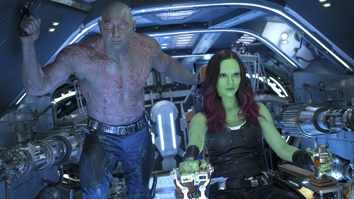 Guardians Of The Galaxy Vol. 2..Drax (Dave Bautista) and Gamora (Zoe Saldana)..Photo: Chuck Zlotnick..©Marvel Studios 2017