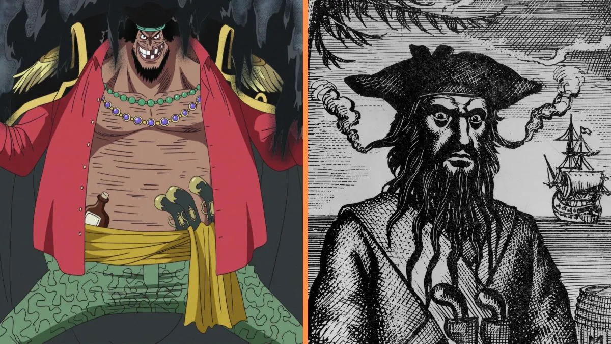 Circa 1715, Captain Edward Teach (1680 - 1718), better known as Blackbeard, a pirate who plundered the coasts of the West Indies, North Carolina and Virginia. His hair is woven with flaming fuses to increase his fearsome appearance. and One Piece's Blackbeard