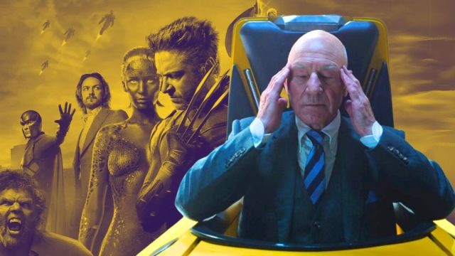 Professor X clutching his head in Doctor Strange 2 superimposed over a mustard-hued edited image of the X-Men: Days of Future Past cast.