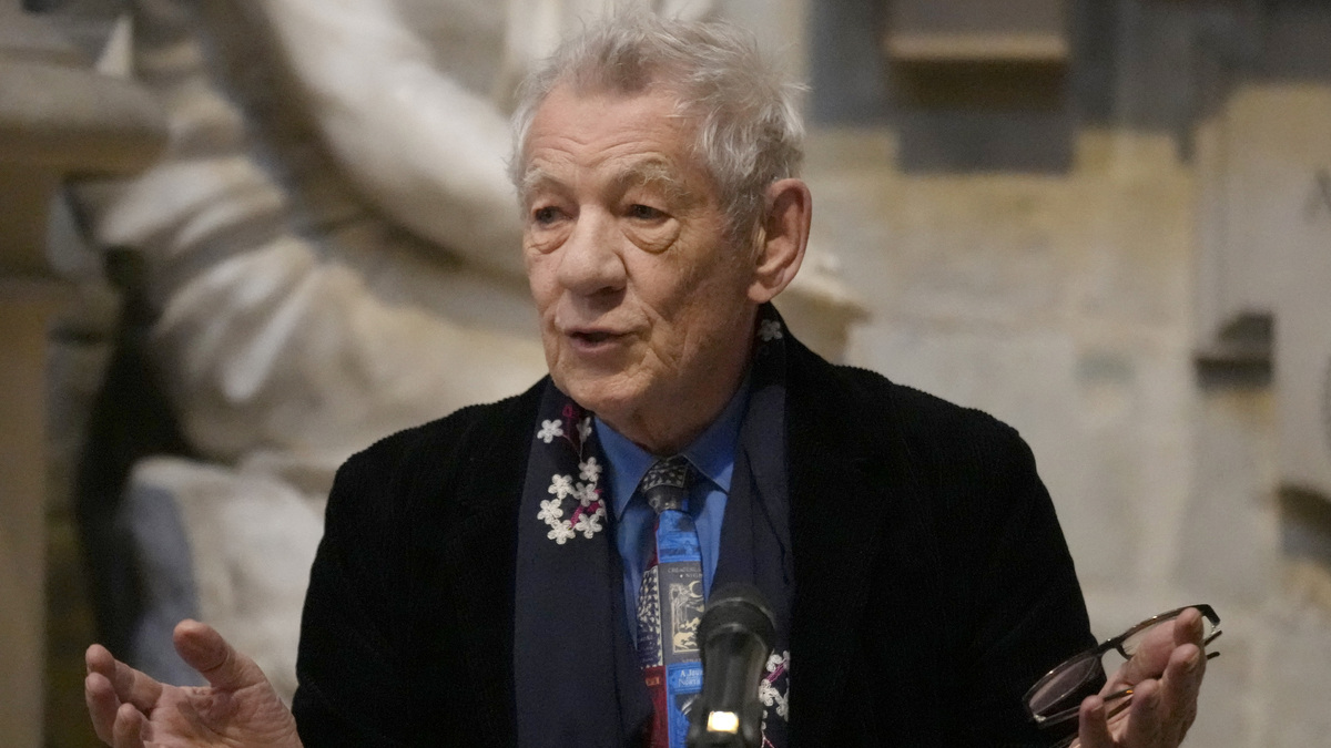 British actor Sir Ian McKellen speaks during a service to dedicate a memorial stone to actor Sir John Gielgud in Poets' Corner at Westminster Abbey on April 26, 2022 in London, England.