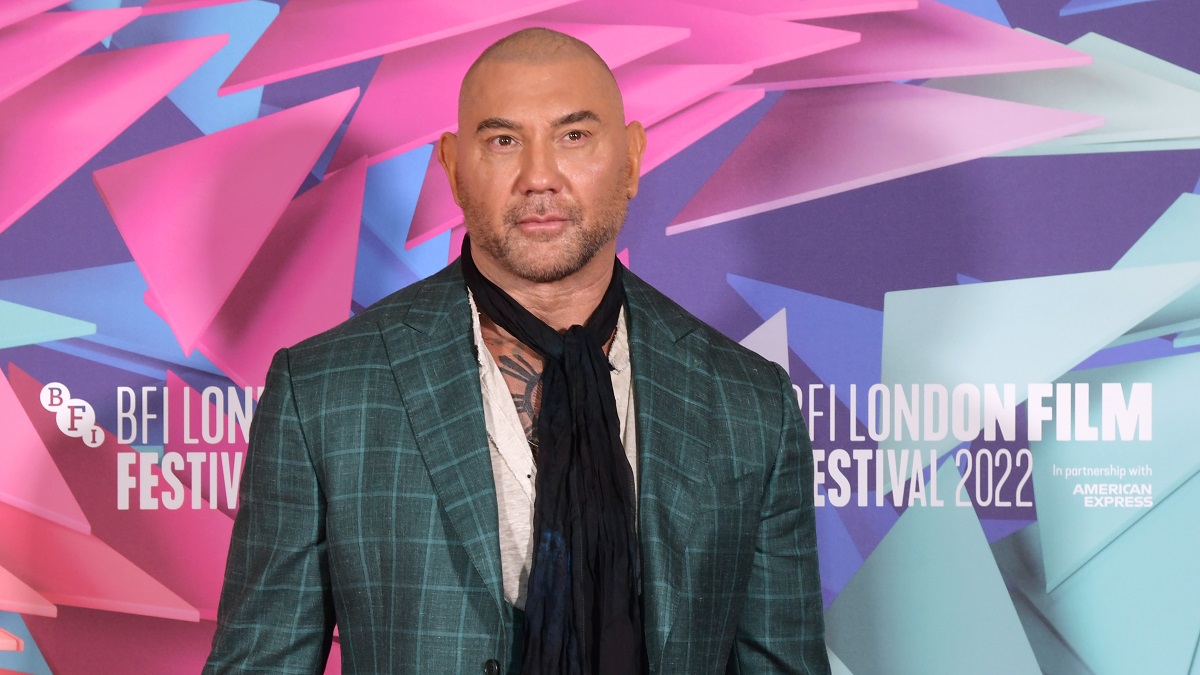 LONDON, ENGLAND - OCTOBER 16: Dave Bautista attends the official photo call and press conference for "Glass Onion: A Knives Out Mystery" during the BFI London Film Festival at The Mayfair Hotel on October 16, 2022 in London, England.