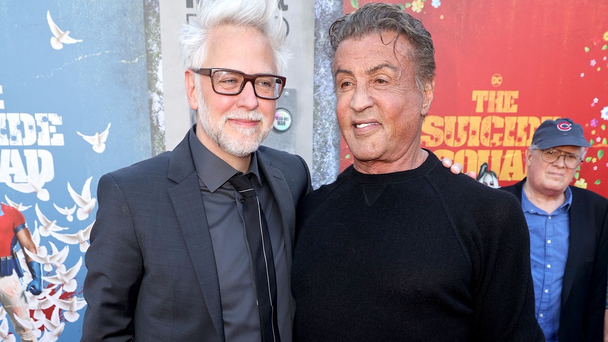 LOS ANGELES, CALIFORNIA - AUGUST 02: (L-R) James Gunn and Sylvester Stallone attend the Warner Bros. premiere of "The Suicide Squad" at Regency Village Theatre on August 02, 2021 in Los Angeles, California.