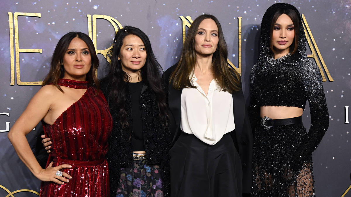 Salma Hayek, director Chloe Zhao, Angelina Jolie and Gemma Chan attend the "The Eternals" UK Premiere at BFI IMAX Waterloo on October 27, 2021