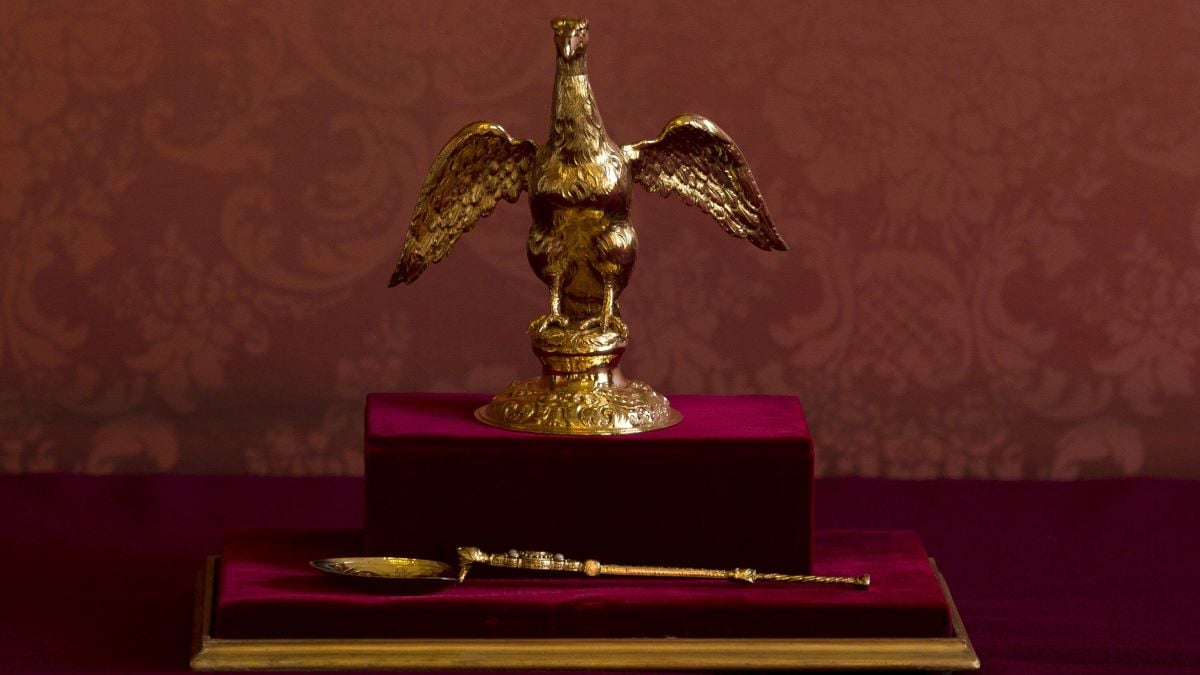 The Ampulla and Coronation Spoon, which was used at Queen Elizabeth II's Coronation in 1953, is displayed during a multi-faith reception at Lambeth Palace on February 15, 2012 in London, England. The event features leaders from the Christian, the Baha'i, the Buddhist, Hindu, Jain, Jewish, Muslim, Sikh, and Zoroastrian communities. (Photo by Matt Dunham - WPA Pool/Getty Images)