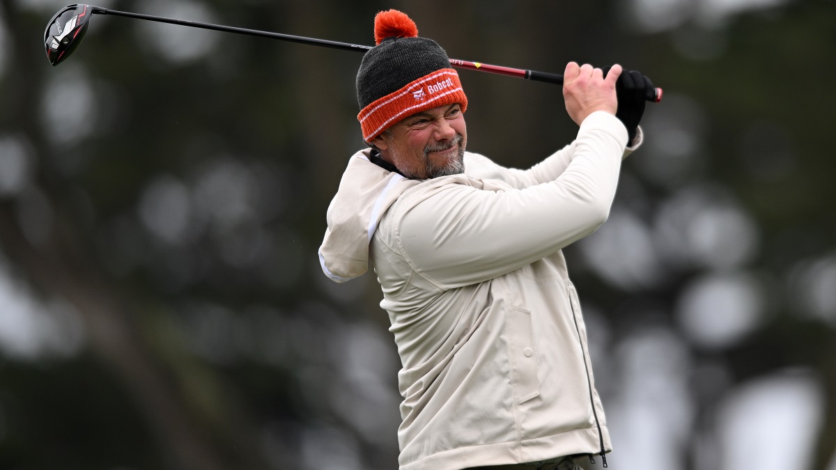 PEBBLE BEACH, CALIFORNIA - FEBRUARY 03: Josh Duhamel plays his shot from the 17th tee during the second round of the AT&T Pebble Beach Pro-Am at Monterey Peninsula Country Club on February 03, 2023 in Pebble Beach, California.